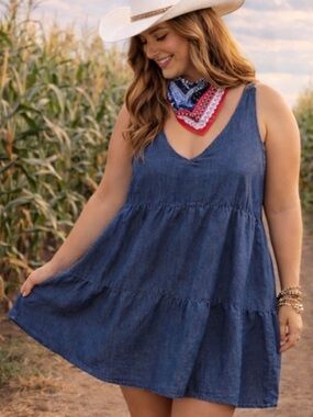 Derek Heart Chambray Babydoll Mini Dress 1X Denim Western Boho Festival Cowgirl